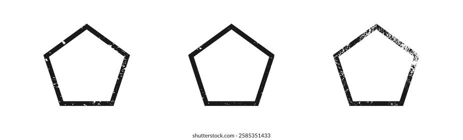 Set of grunge borders in pentagon form. Collection of three dark textured frames with empty space on white background. Vector illustration