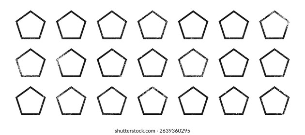 Set of grunge borders in pentagon form. Big collection of dark textured frames with empty space on white background. Vector illustration