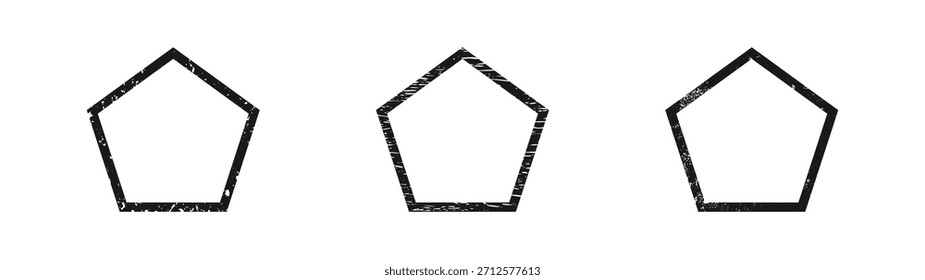 Set of grunge borders in pentagon form. Collection of three dark textured frames with empty space on white background. Vector illustration