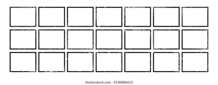 Set of grunge borders in rectangle form. Big collection of dark textured frames with empty space on white background. Vector illustration