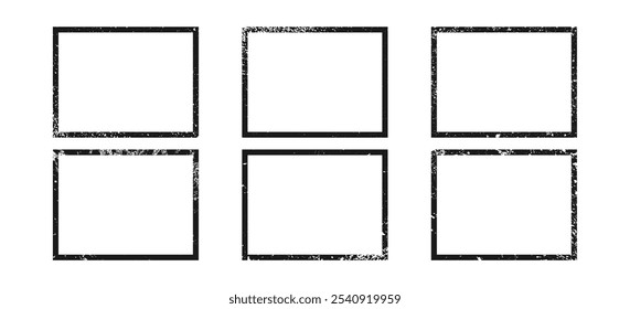 Set of grunge borders in rectangle form. Collection of six dark textured frames with empty space on white background. Vector illustration