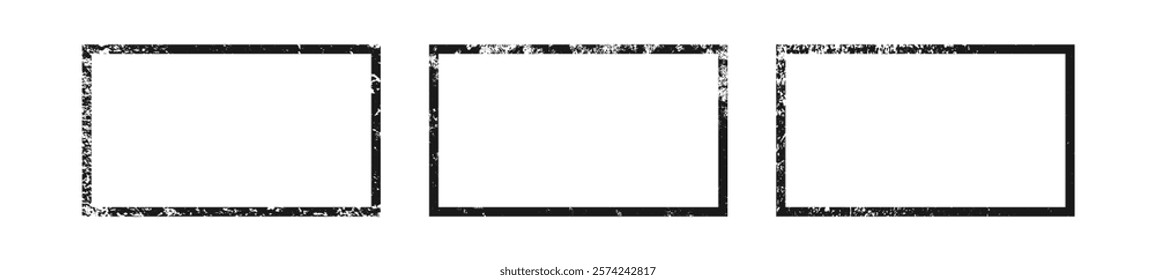 Set of grunge borders in rectangle form. Collection of three dark textured frames with empty space on white background. Vector illustration