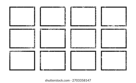 Conjunto de bordas grunge em forma de retângulo. Coleção de quadros texturizados escuros com espaço vazio no fundo branco. Ilustração vetorial