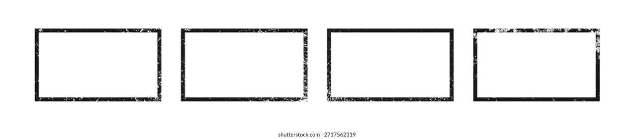 Set of grunge borders in rectangle form. Collection of four dark textured frames with empty space on white background. Vector illustration