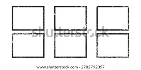 Set of grunge borders in rectangle form. Collection of six dark textured frames with empty space on white background. Vector illustration
