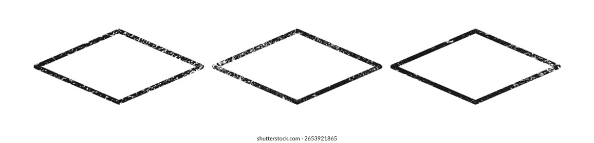 Set of grunge borders in rhombus form. Collection of three dark textured frames with empty space on white background. Vector illustration
