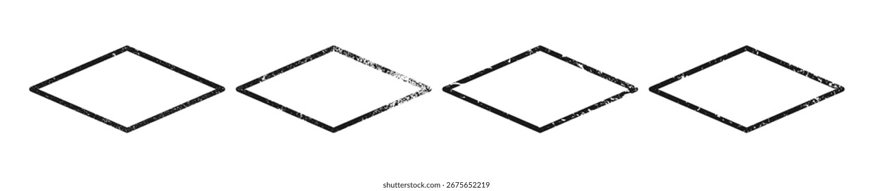 Conjunto de bordes grunge en forma de rombo. Colección de cuatro marcos texturizados oscuros con espacio vacío sobre fondo blanco. Ilustración vectorial