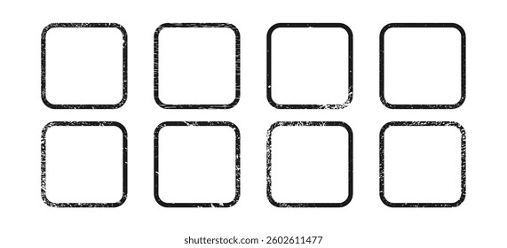 Set of grunge borders in rounded square form. Collection of eight dark textured frames with empty space on white background. Vector illustration