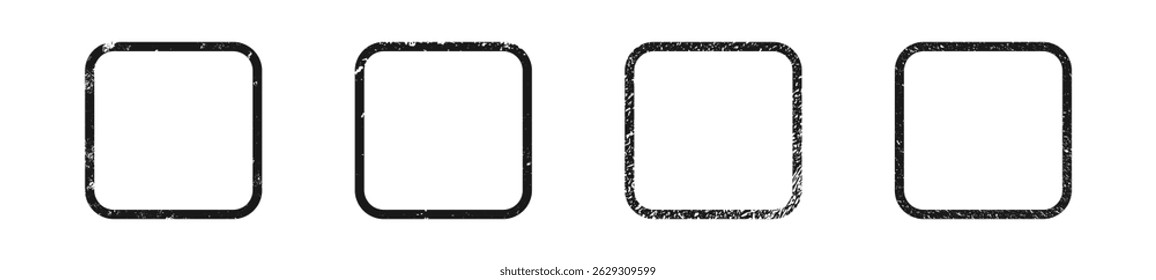 Set of grunge borders in rounded square form. Collection of four dark textured frames with empty space on white background. Vector illustration
