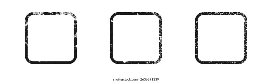 Set von farbigen Rändern in abgerundeter quadratischer Form. Sammlung von drei dunklen strukturierten Rahmen mit leerem Raum auf weißem Hintergrund. Vektorgrafik