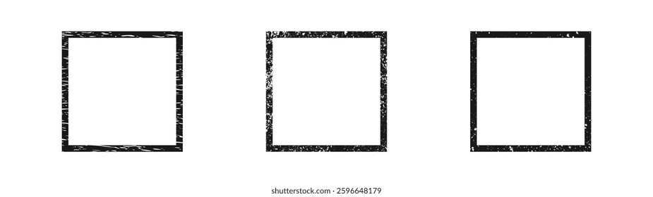 Set of grunge borders in square form. Collection of three dark textured frames with empty space on white background. Vector illustration