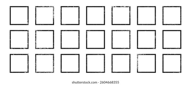 Set of grunge borders in square form. Big collection of dark textured frames with empty space on white background. Vector illustration