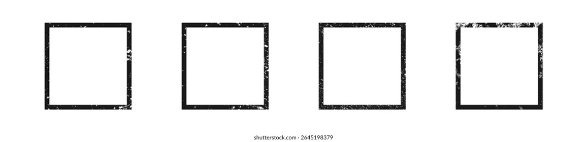 Set of grunge borders in square form. Collection of four dark textured frames with empty space on white background. Vector illustration