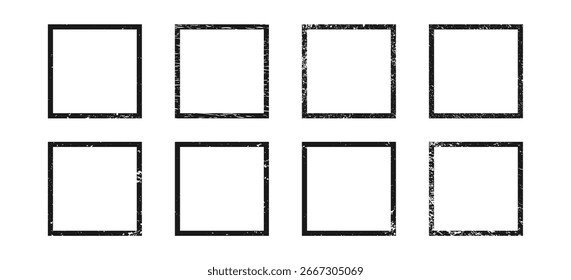 Conjunto de bordes grunge en forma cuadrada. Colección de ocho marcos texturizados oscuros con espacio vacío sobre fondo blanco. Ilustración vectorial