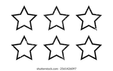 Set of grunge borders in star form. Collection of six dark textured frames with empty space on white background. Vector illustration