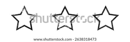 Set of grunge borders in star form. Collection of three dark textured frames with empty space on white background. Vector illustration
