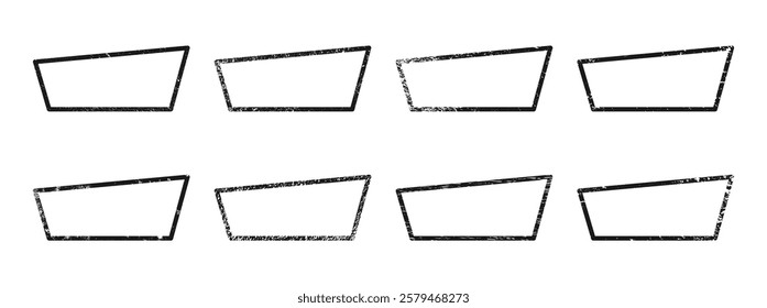 Set of grunge borders in trapezoid form. Collection of eight dark textured frames with empty space on white background. Vector illustration