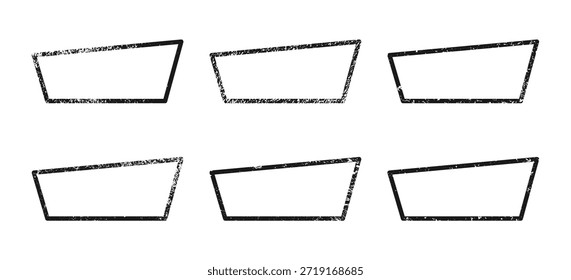 Set von Grunge-Rändern in trapezförmiger Form. Sammlung von sechs dunklen strukturierten Rahmen mit leerem Raum auf weißem Hintergrund. Vektorgrafik