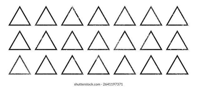Set of grunge borders in triangle form. Big collection of dark textured frames with empty space on white background. Vector illustration