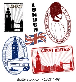 Set of grunge British themed stamps with various monuments, vector illustration