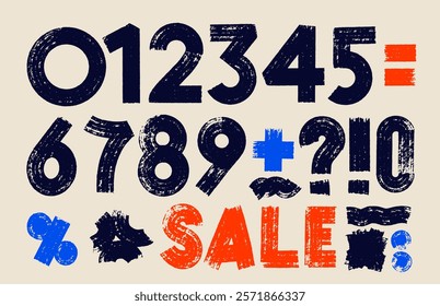 Set of grunge brush drawn numbers from 0, 1, 2, 3, 4, 5, 6, 7, 8, 9. Brush stroke vector business elements for sales, discounts, rebates. Typographic numbers with dry brush texture. Hand drawn grunge.