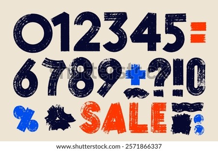 Set of grunge brush drawn numbers from 0, 1, 2, 3, 4, 5, 6, 7, 8, 9. Brush stroke vector business elements for sales, discounts, rebates. Typographic numbers with dry brush texture. Hand drawn grunge.