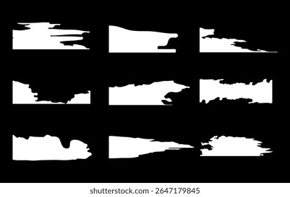 Set of grunge brush stroke borders, featuring ripped paper effects, paint drips, and torn edge shapes, for banner design, and adding a dirty texture or distressed style to your creative projects