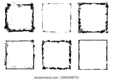 Set of grunge brush stroke frames with abstract ink patterns. Textured black frames with rough edges, stylish vintage look for decoration and overlay effect. Vector illustration. Isolated background.