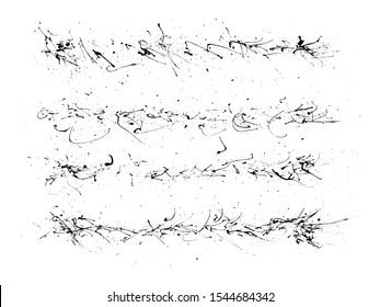 Set of grunge brush stroke made of splashes. Ink brush. Grunge texture. Hand-drawn black vector frame. Paint splash. Monochrome ink line. Collection of divider elements