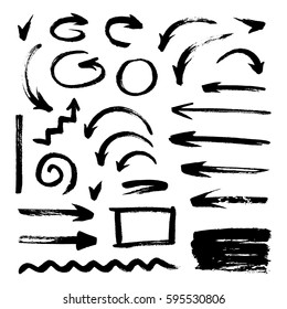 Set of grunge brush strokes, arrows on white background