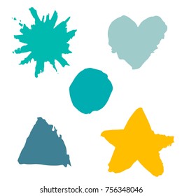 Set of grunge brush strokes - circle, triangle, splash, heart, star. Set of geometrical textured shapes. Distressed brushes. Vector illustration.