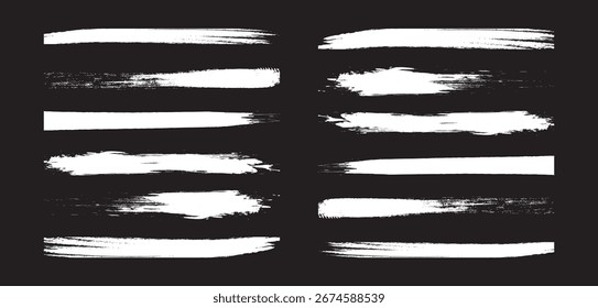 Conjunto de pinceladas Grunge. Vector dibujado a mano colección de subrayados y líneas de resaltado. Fondo negro. Juego de pinceladas de tinta. Marcador negro de la pluma Formas