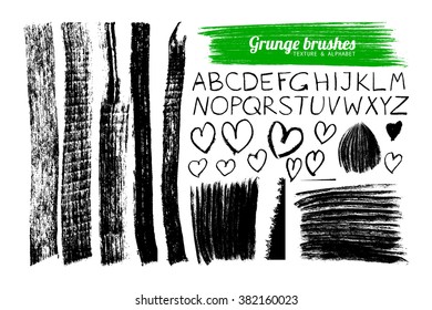 set of grunge brushes and alphabet. Vector illustration. Set of brushes in grunge style. Graphic design.  Isolated on white background.
