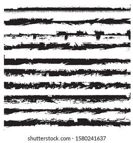 A set of grunge brushes. Black ragged stripes on white background. Abstract stains from paint roller