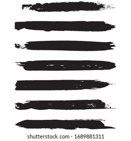 Eine Reihe von Grunge-Pinseln. Trockene Pinselstriche auf weißem Hintergrund. Abstrakte schwarze Linien. Tintenflecken