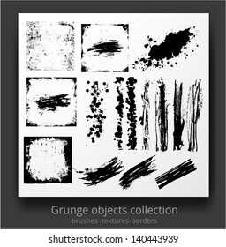 Set of grunge brushes, textures, borders and splashes isolated on white. Vector illustration