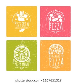 Set of grunge cafe pizzeria labels or badges. Banners with vector doodle pizza elements. Vector illustration