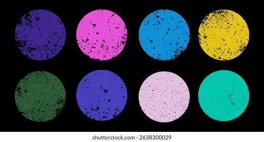 Set of grunge chalk drawn colorful circle shapes in punk and playful style, ideal for logo design, artistic backgrounds, kids decor, and creative retro illustrations