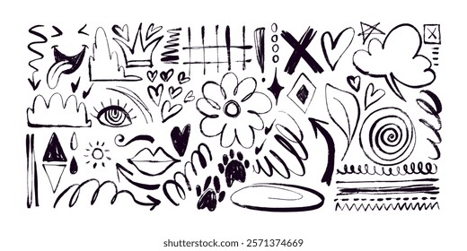Set of Grunge Charcoal and Pencil Girly Sketches. Hand drawn design doodle shapes. Creative playful banner with graffiti abstract elements