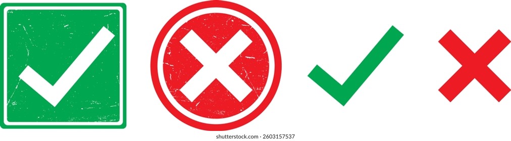 Set of Grunge check mark rubber stamp. Grainy, grungy, dusty, rusty, or dirty textured check mark symbol in yes or no check mark icons.