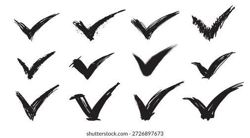 Conjunto de grunge Marcas de verificación, tick, sí, pinceles de votación hechos símbolos o iconos. De acuerdo con la aprobación del emblema. Trazos audaces dibujados a mano.