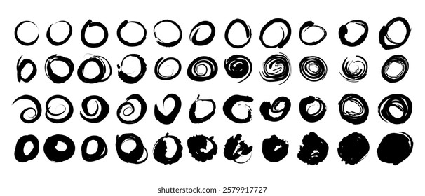 Set of grunge circle brush strokes. Black Round Frames. Creative elements for design. Vector illustration isolated on white background. EPS 10