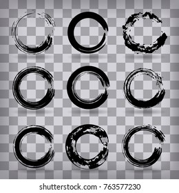  set of grunge circle brush strokes for frames, icons, design elements on a chequered background