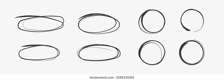 Set of grunge circle and ovals. Hand drawn doodle frames. Vector illustration