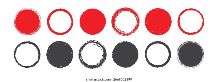 Conjunto de formas de círculo Grunge. Pinte a coleção de carimbos com pincel. Vetor preto e vermelho escova círculo. grunge círculo selo. vetor ilustração