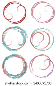 Set of grunge circle shapes in watercolor style, red, purple and green colors