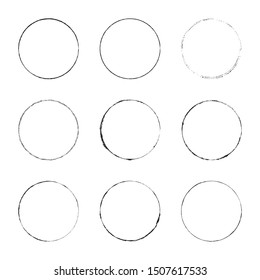 Set of Grunge circle stamp draft mockup of distress overlay basis texture for your design. Thin thorn scratchy circular ring edge frame for icon, logo, badge, insignia or label template. EPS10 vector.