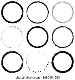 Set Of Grunge Circle Stamp Draft Mockup Of Distress Overlay Basis Texture For Your Design. Thin Thorn Scratchy Circular Ring Edge Frame For Icon, Logo, Badge, Insignia Or Label Template. EPS10 Vector.