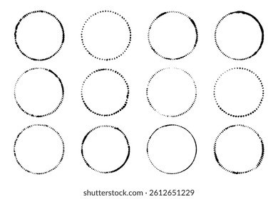 Set of grunge circle stamps. Abstract textured ink shapes, distressed dotted circles, vintage hand drawn frames. Vector round line elements with smudged edges.