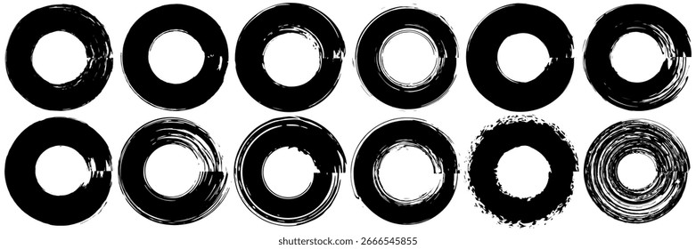 Conjunto de grunge circles forma de pincel, círculo de pincel de Vector. Marcos de círculo negro. Grunge forma redonda. Pincelada de grunge, conjunto artístico de pintura. Colección de textura Grunge